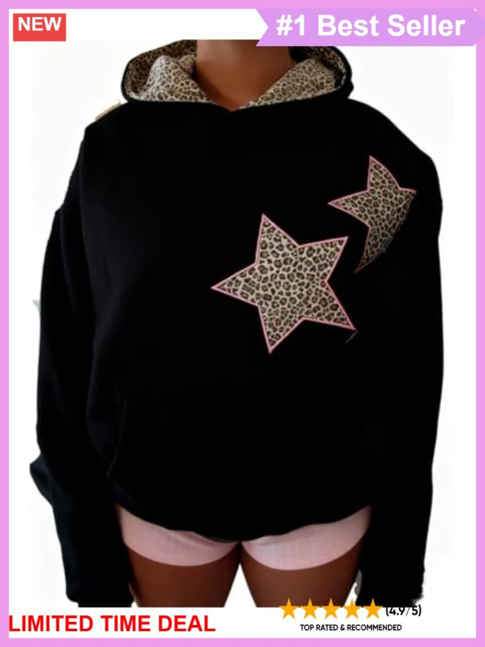 Oversized Star Graphic Hoodie Y2K Leopard Print Pullover Sweatshirt